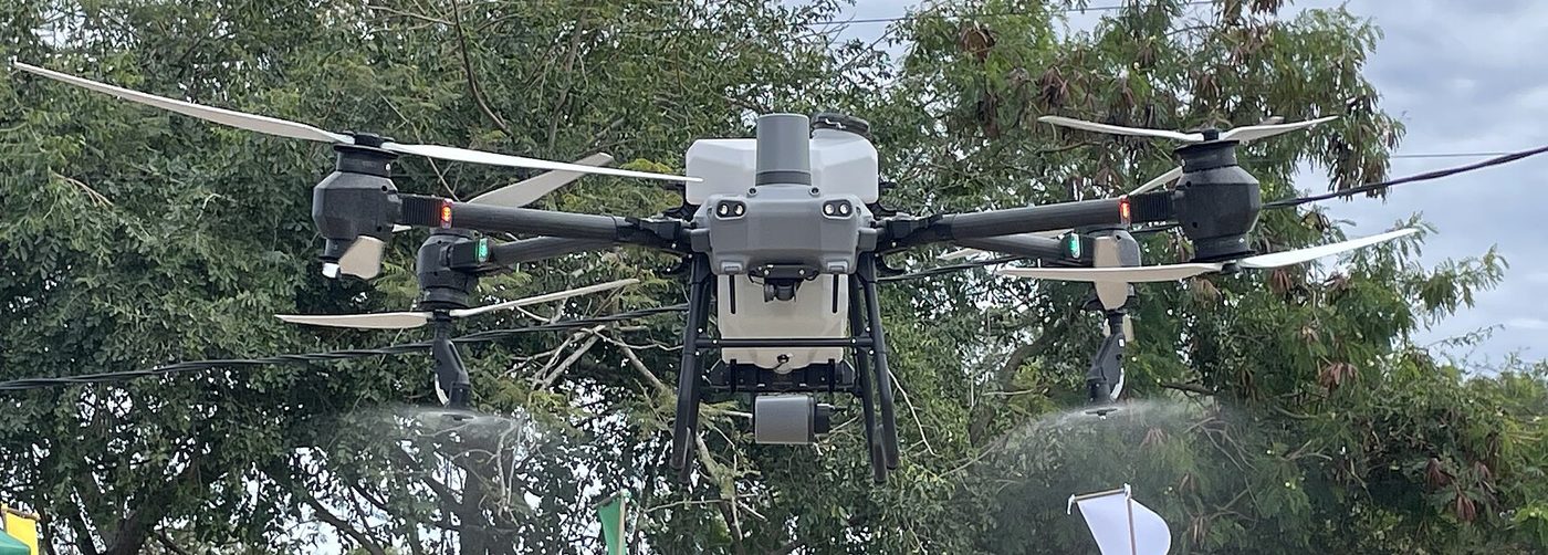 Agricultural spraying drone in flight