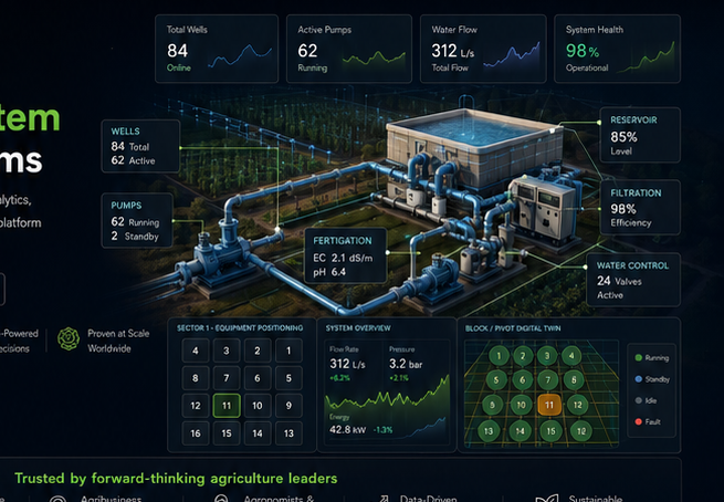 Digital irrigation system rendered in the AGRY.AI dark interface