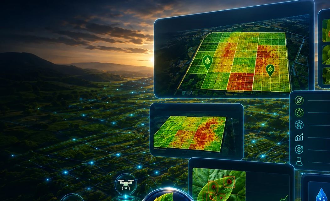 Crop health intelligence panels over farm blocks