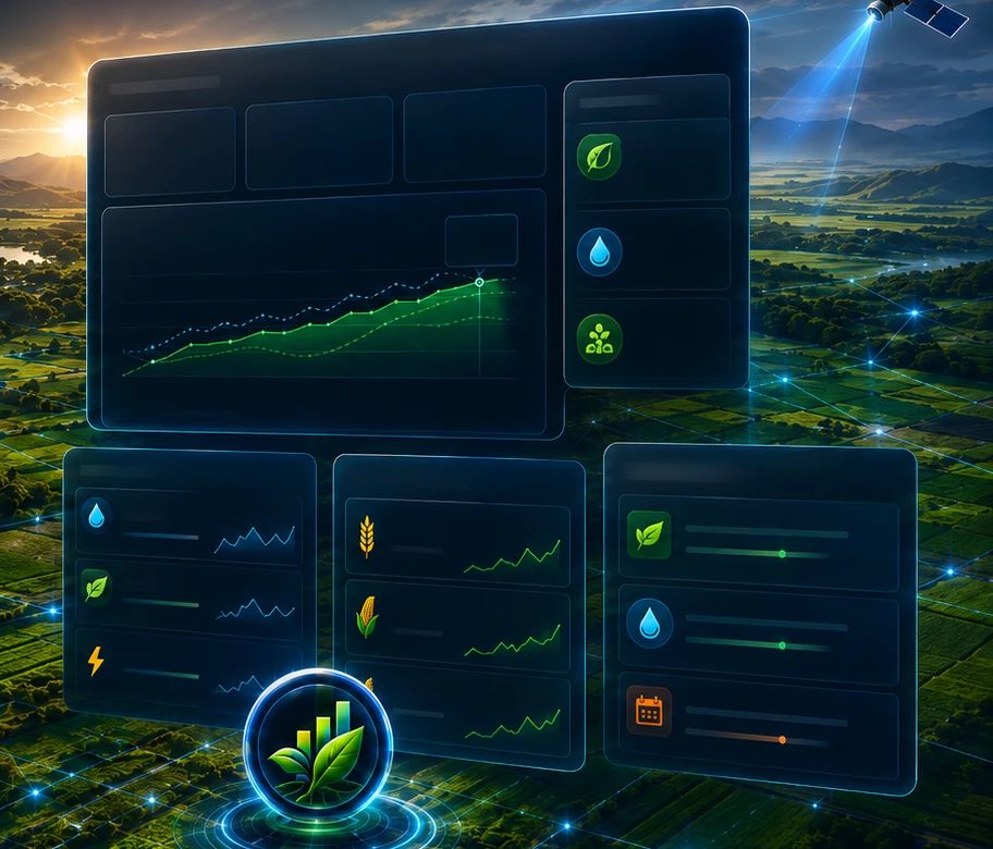 Sustainability KPI panels over green fields